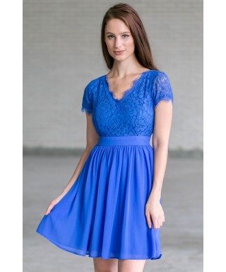 Bright Royal Blue Capleeve Dress, Blue Lace Party Dress