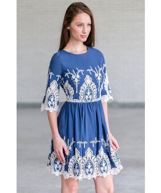 Blue and Ivory Embroidered Dress, Cute Fall Dress Online