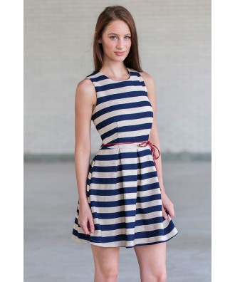 Navy and Beige Stripe Dress, Cute Summer A-Line Party Dress