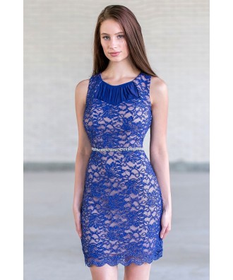 Blue Lace Sheath Dress, Cute Blue Cocktail Party Dress Online