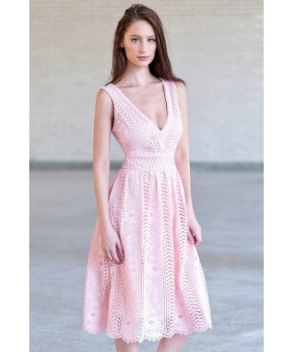 Pink Lace Midi Dress, Cute Pink A-Line Dress