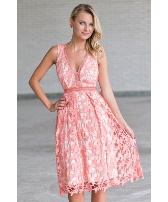 Coral Pink Lace A-Line Dress, Cute Pink Lace Bridesmaid Dress