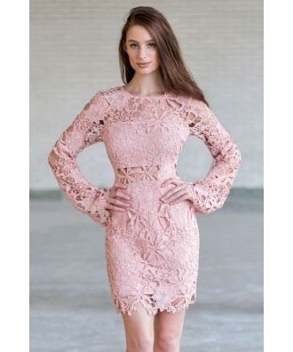 Pink Longsleeve Lace Dress, Cute Pink Boho Dress