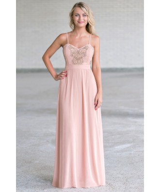 Blush pink and gold embroidered maxi dress, Cute formal dress