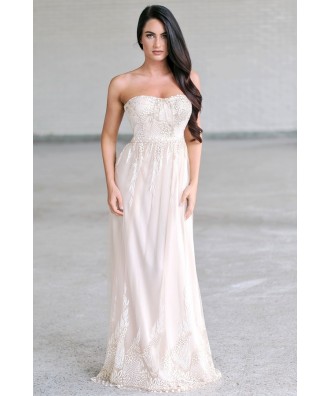 Champagne Prom Dress, Formal Maxi Dress, Ivory and Gold Dress Lily Boutique