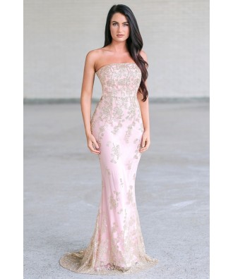 Rose pink and gold maxi prom dress, Formal pink gown