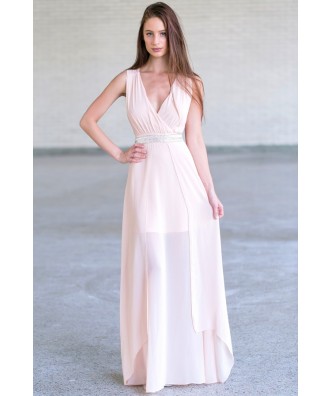 Pink Peach Maxi Dress, Embellished Maxi Bridesmaid Dress