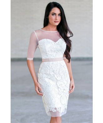 Ivory lace sheath dress, Cute rehearsal dinner dress, bridal shower dress