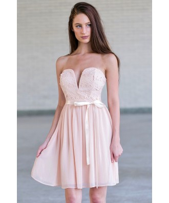 Blush Pink Strapless Lace and Chiffon Dress, Cute Pink Party Dress