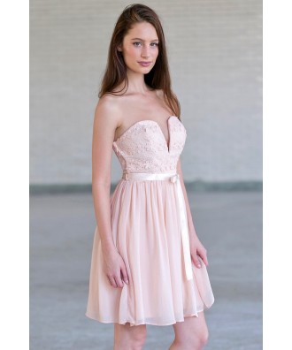 Pink Strapless Lace Dress, Cute Blush Pink Party Dress Lily Boutique