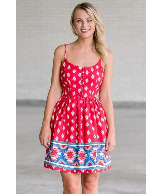 Red Southwestern Pattern A-Line Dress, Cute Red Printed Sundress ...