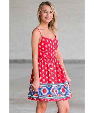 Red Southwestern Pattern A-Line Dress, Cute Red Printed Sundress ...