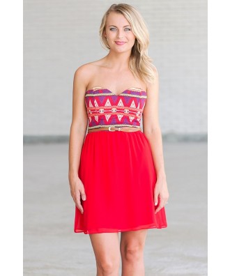 Southwestern Print Dress, Cute Printed Dress, Red Printed Dress, Red ...