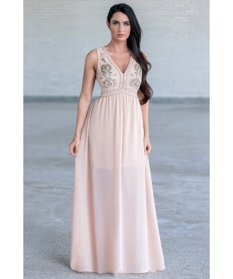 Nude Beige Beaded Embellished Prom Maxi Formal Bridesmaid Dress