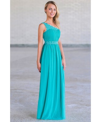 Teal One Shoulder Maxi Dress, Cute Maxi Dress, Teal Prom Dress ...