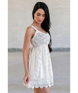 Bohemian Crochet Lace Dress, Cute Summer Dress, Beige Crochet Lace ...