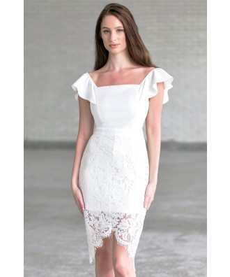 Off White Off Shoulder Dress, Cute Rehearsal Dinner Dress