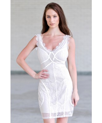 Off White Lace Bodycon Dress, Cute Off White Lace Cocktail Dress