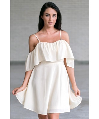 Cream Off Shoulder Ruffle Dress Online, Cute Summer Dress