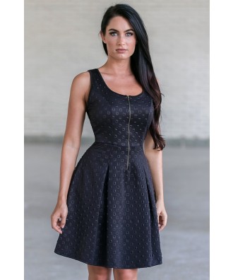 Black Zip Front A-Line Dress, Cute little Black Dress
