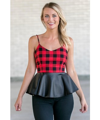 Red and Black Plaid Fall Peplum Top