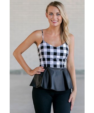 Black and White Plaid Peplum Top