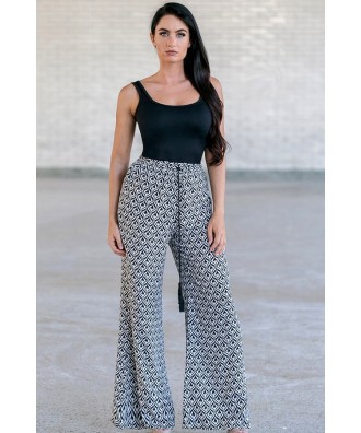 Black and White Printed Palazzo Pants, Cute Comfy Casual Pants