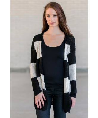 Black and Ivory Striped Sweater Cardigan, Cute Black and Ivory Top