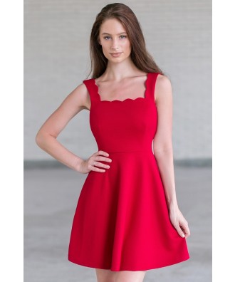 Red Scalloped A-Line Party Dress, Cute Red Holiday Dress