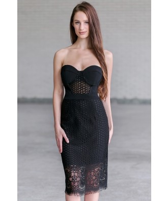Sexy Black Lace Midi Cocktail Party Dress