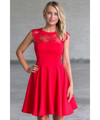 Red Lace A-Line Dress, Cute Holiday Party Dress