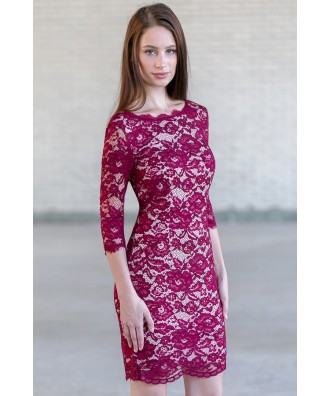 Wine Purple Lace Sheath Dress, Cute Wine Dress Online