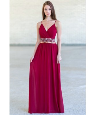 Burgundy Red Maxi Embellished Bridesmaid Dress