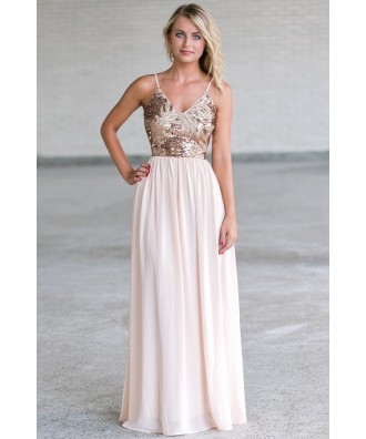 Cream and Gold Sequin Maxi Dress, Cute Sequin Formal Prom Dress