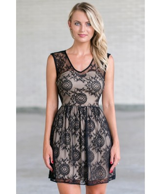 Black and Nude Lace A-Line Dress, Cute Black Party Dress