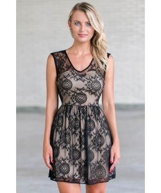 Black and beige lace A-Line Dress, Cute Little Black Dress, Black Lace ...