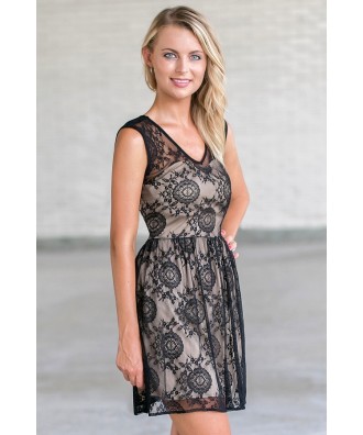 Black and beige lace A-Line Dress, Cute Little Black Dress, Black Lace ...