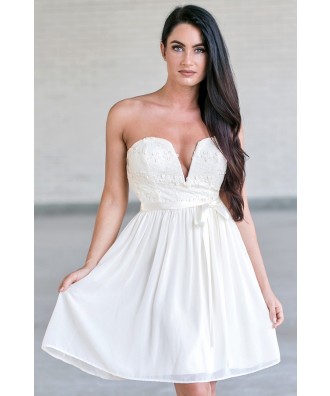 Ivory Strapless Lace Dress, Cute Rehearsal Dinner Dress