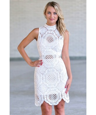 White Lace High Neck Lace Dress, Cute White Rehearsal Dinner Dress, Bridal Shower Dress