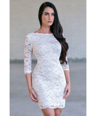 Cream Lace Cocktail Dress, Cute Cream Dress, Rehearsal Dinner Dress, Bridal Shower Dress