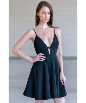 Black Plunging Neckline Dress, Cute Black A-Line Party Dress