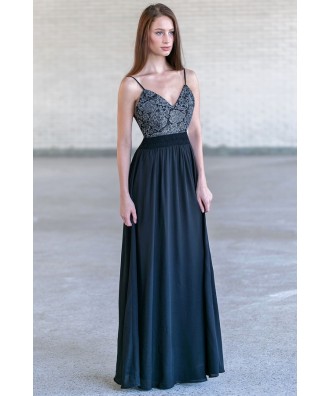 Black Lace and Chiffon Maxi Dress, Cute Maxi Dress, Open Back Prom Dress