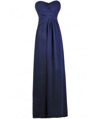 Navy Maxi Bridesmaid Dress, Cute Formal Strapless Dress