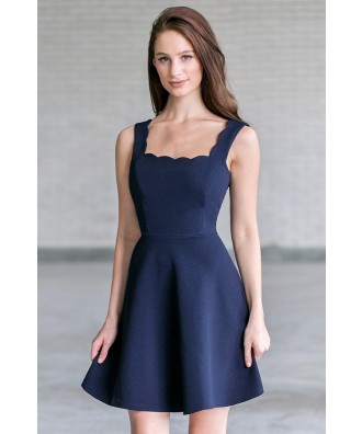 Navy Scalloped A-Line Party Dress, Cute Navy Summer Dress