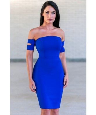 Royal Blue Cocktail Dress | Cute Blue Dress | Off Shoulder Pencil Dress ...