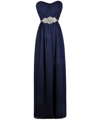 Navy Rhinestone Embellished Formal Maxi Dress