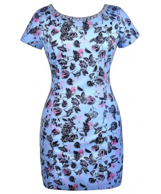 Blue Plus Size Floral Print Sheath Dress