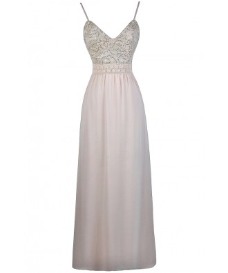 Beige Lace Sequin Maxi Dress, Cute Formal Prom Dress