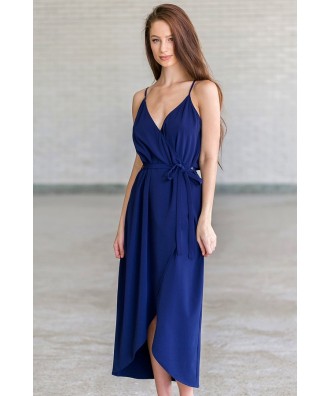 Navy High Low Wrap Dress, Cute Navy Blue Cocktail Party Dress