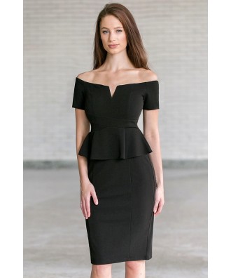 Black Off Shoulder Peplum Pencil Dress, Little Black Cocktail Dress